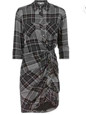 Veronica Beard Gray Plaid Button-Front Tie-Waist Midi Dress